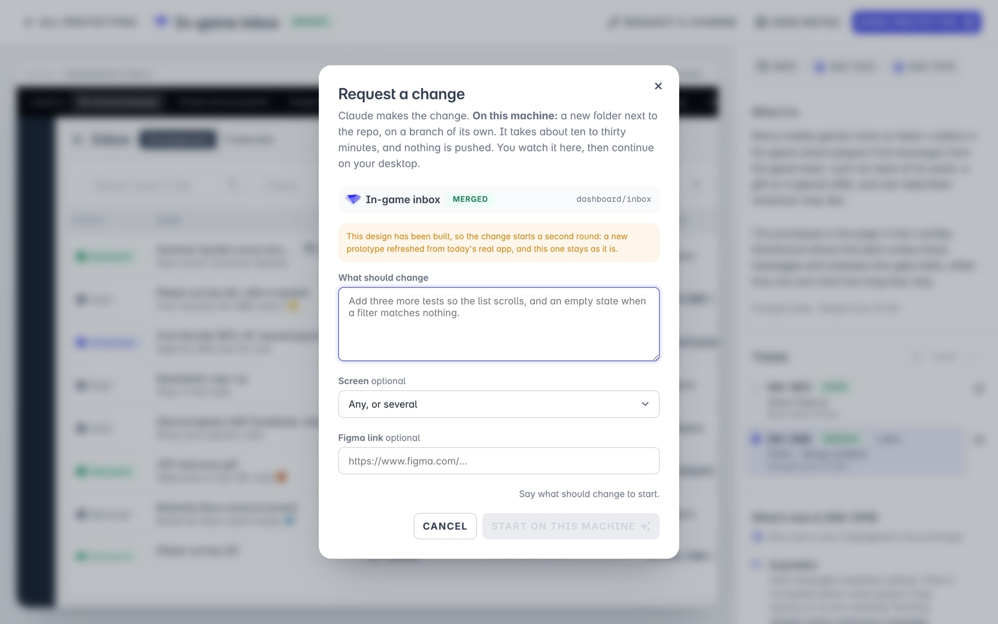The hub's Request a change form: Claude makes the change on a branch of its own